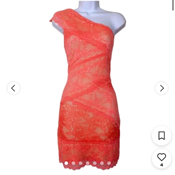 Bebe One Shoulder Lace Bandage Bodycon Dress S Bright Coral Pink NWT - Picture 2 of 14